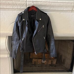 Barneys New York Black Genuine Leather Biker Jacket with Silver Hardware